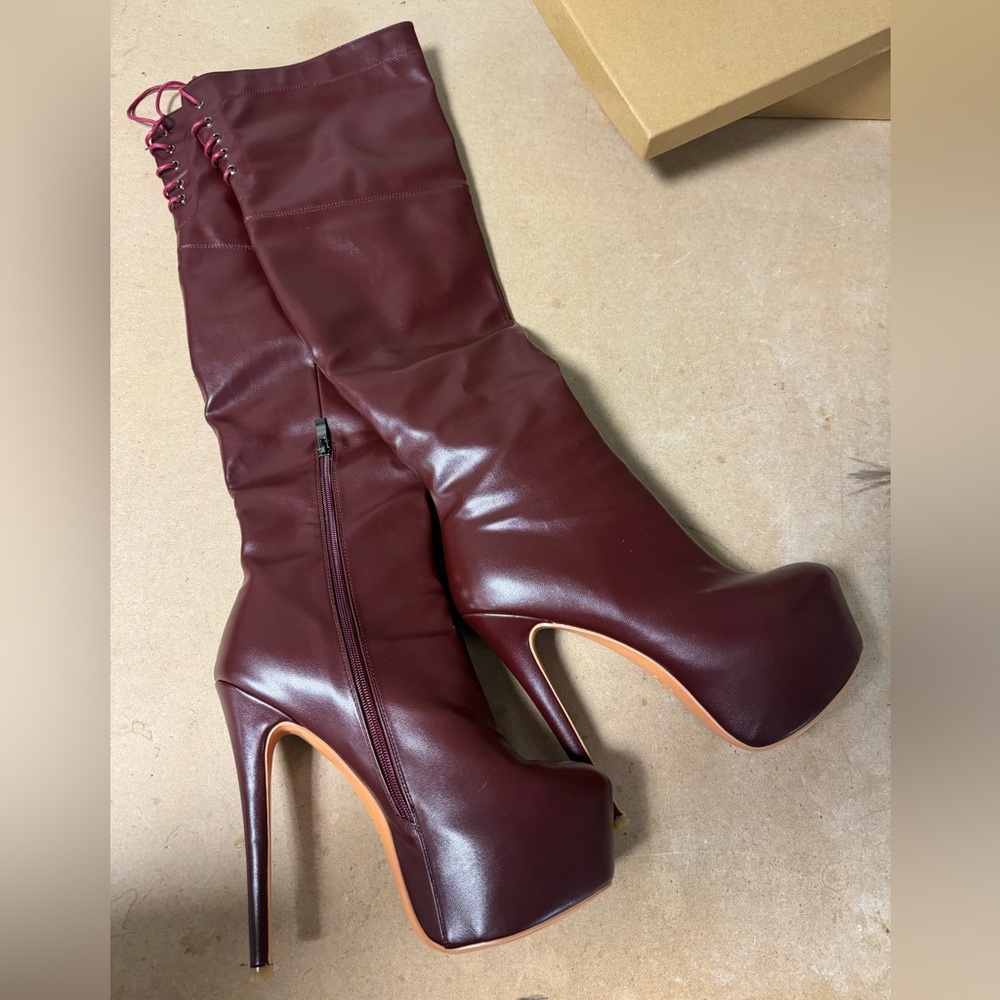 Over the knee dark red high heeled platform boots, 6” heel, size 10